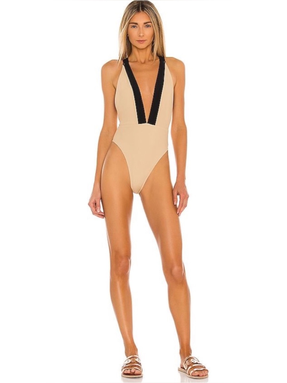 Michael Costello x Revolve Talliah One Piece Swimsuit - Nude & Black Sz Medium